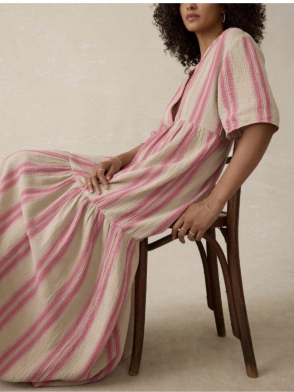 Faherty Pink & Cream Striped Tiered Maxi Dress